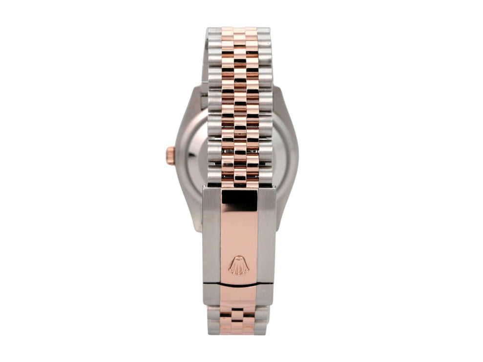 Rolex Datejust 36 126231 Weiß Index Jubile-Band mit Edelstahl- und Everose-Gold-Armband, Rückansicht der Uhr.