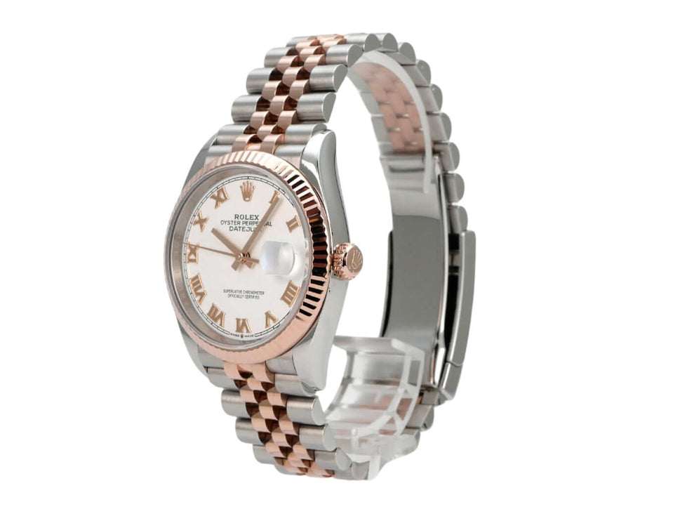 Rolex Datejust 36 Oystersteel Everose-Gold 126231 Weiß Römisch Jubile-Band seitliche Ansicht der Uhr
