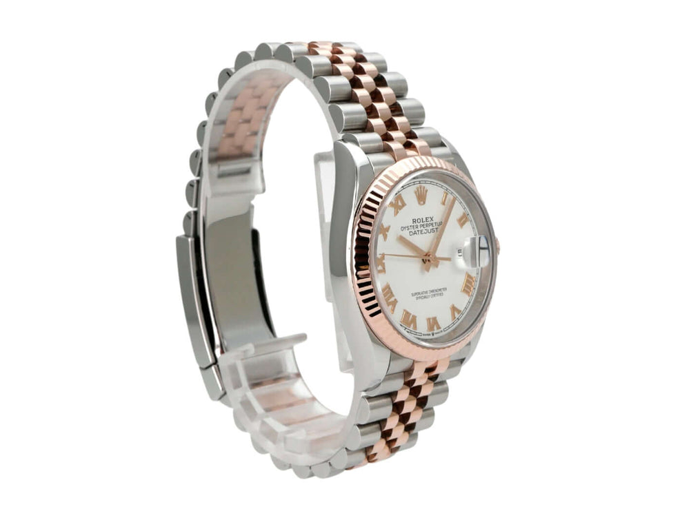Rolex Datejust 36 Oystersteel Everose-Gold 126231 Weiß Römisch Jubile-Band Ansicht aus der Seite