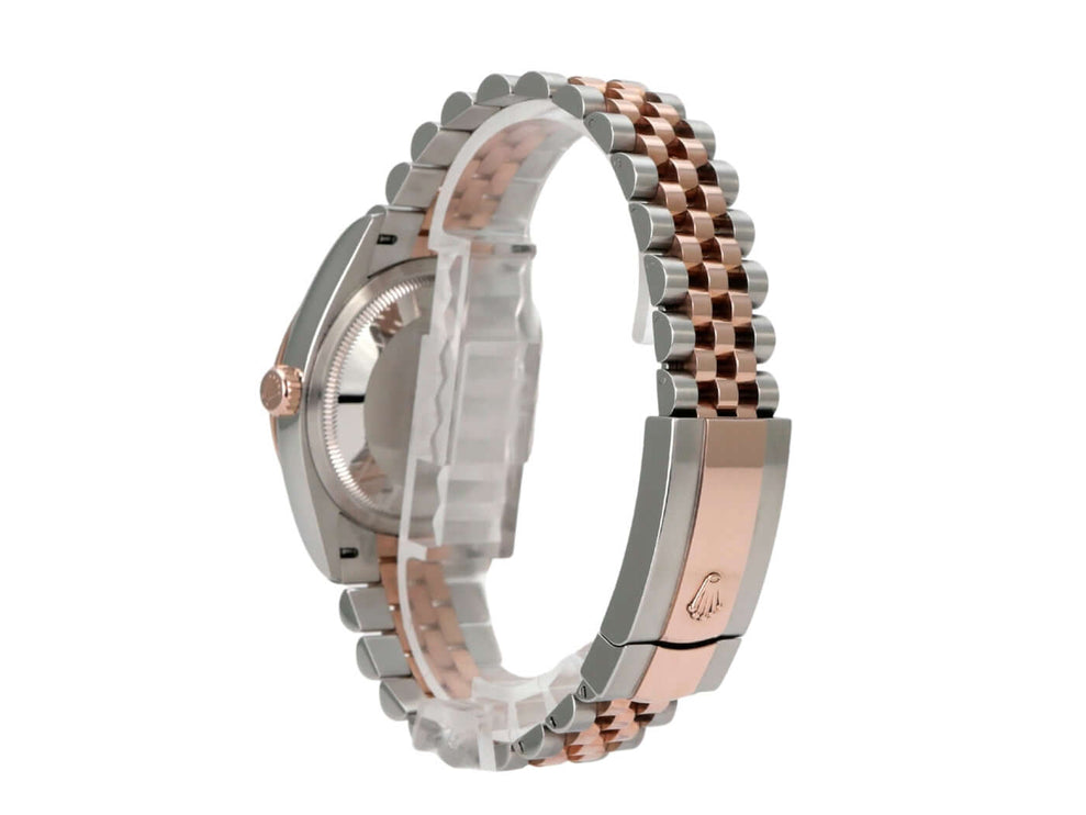 Rolex Datejust 36 Oystersteel Everose-Gold 126231 Weiß Römisch Jubile-Band seitliche Ansicht der Uhr.