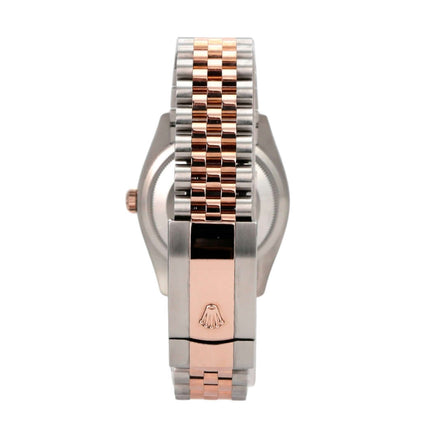 Rolex Datejust 36 Oystersteel Everose-Gold 126231 Weiß Römisch Jubile-Band Rückansicht mit Faltschließe.