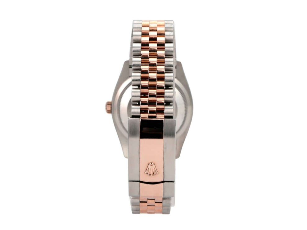 Rolex Datejust 36 Oystersteel Everose-Gold 126231 Weiß Römisch Jubile-Band Rückansicht mit Faltschließe.