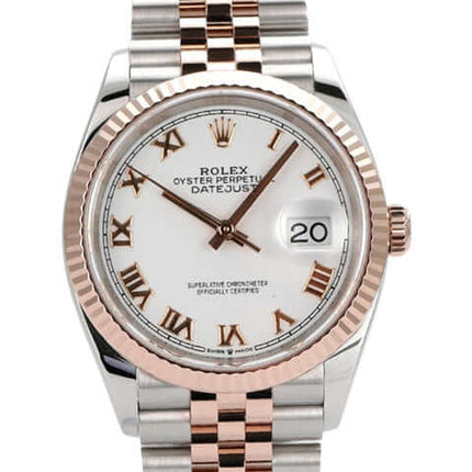 Rolex Datejust 36, Edelstahl und Everose-Gold, weißes Zifferblatt mit römischen Ziffern, Jubile-Armband, 2022 Modell.