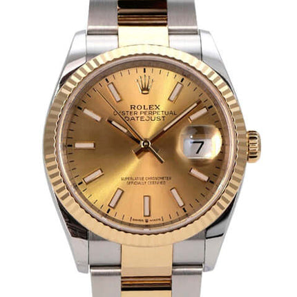 Rolex Datejust 36 Oystersteel Gelbgold 126233 Champagner, 36 mm, champagnerfarbenes Zifferblatt