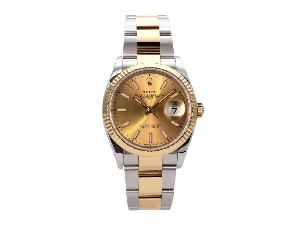 Rolex Datejust 36 Oystersteel Gelbgold 126233 Champagner mit champagnerfarbenem Zifferblatt und Oyster Armband