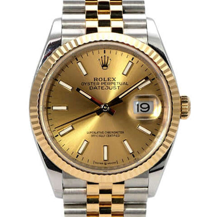Rolex Datejust 36 126233 Champagner Jubile-Band mit Goldzifferblatt und Edelstahl-Gelbgold-Armband