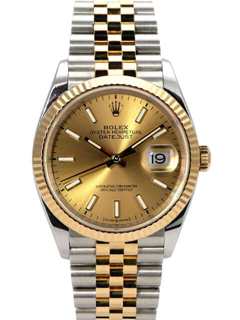Rolex Datejust 36 126233 Champagner Jubile-Band mit Goldzifferblatt und Edelstahl-Gelbgold-Armband