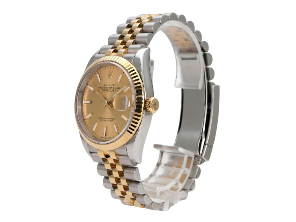 Rolex Datejust 36 126233 Champagner Jubile-Band mit Oystersteel und Gelbgold, 36 mm, geriffelter Lünette