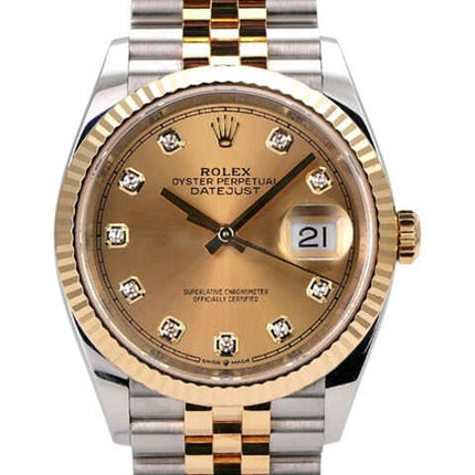 Rolex Datejust 36 126233 Champagner Diamant Jubile-Band mit champagnerfarbenem Zifferblatt und Jubilé-Armband.