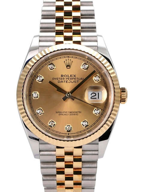 Rolex Datejust 36 126233 Champagner Diamant Jubile-Band mit champagnerfarbenem Zifferblatt und Jubilé-Armband.