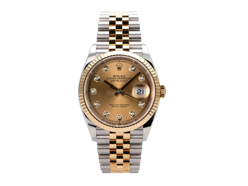 Rolex Datejust 36 126233 Champagner Diamant Jubile-Band mit champagnerfarbenem Zifferblatt und Jubilé Armband.