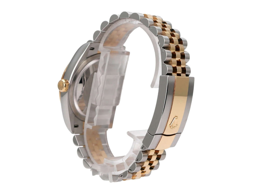 Seitenansicht der Rolex Datejust 36 126233 Champagner Diamant Jubile-Band mit Edelstahl- und Gelbgold-Armband.