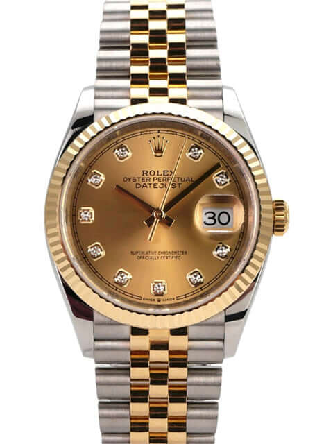 Rolex Datejust 36 126233 Uhr mit champagnerfarbenem Zifferblatt und Diamanten, Jubilé-Band aus Edelstahl und Gelbgold.