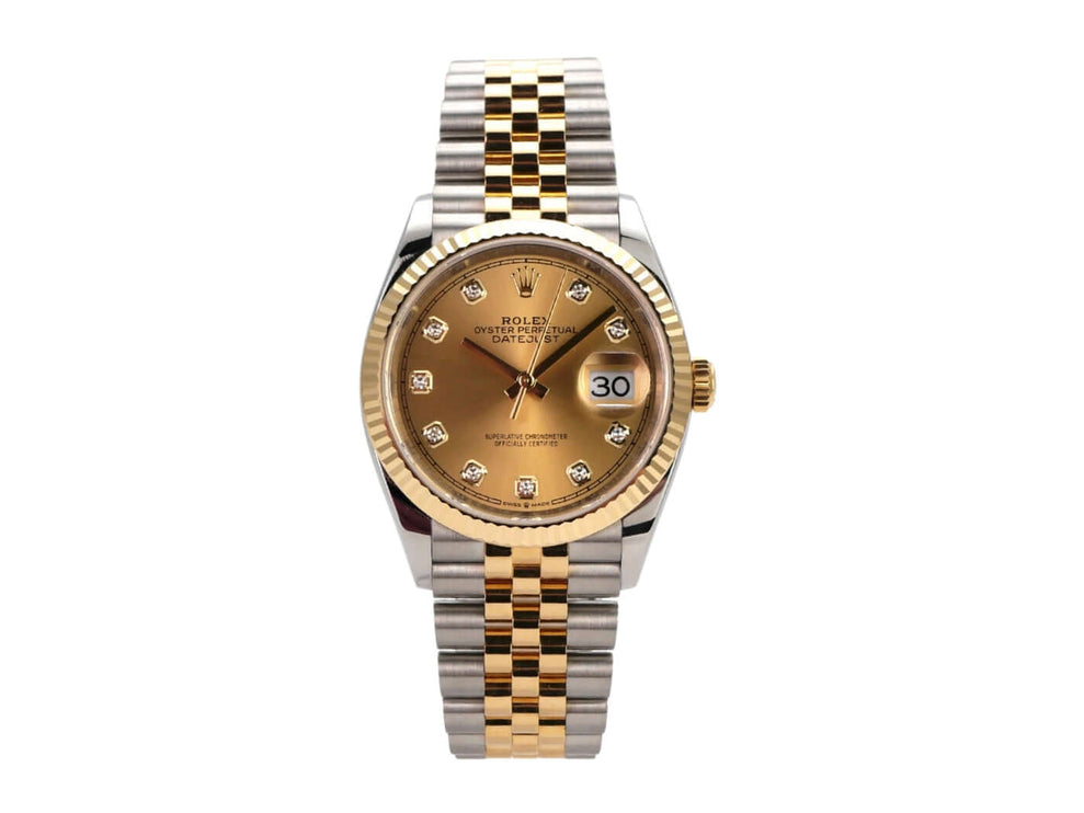 Rolex Datejust 36 126233 mit Champagner Diamantzifferblatt und Jubile-Band aus Edelstahl und Gelbgold