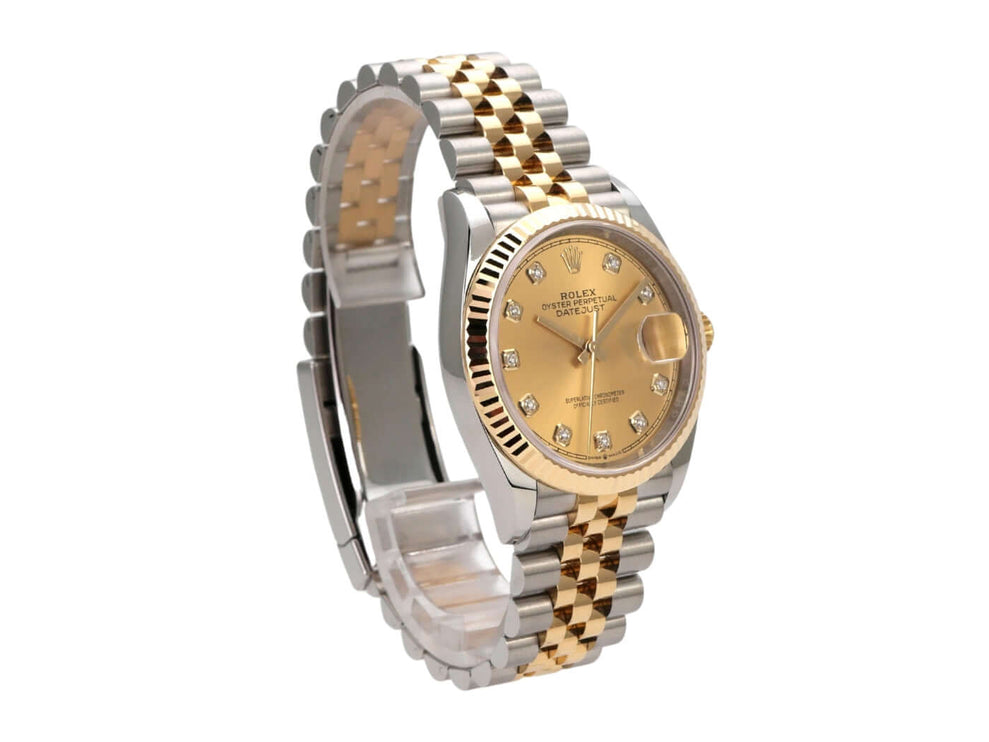 Rolex Datejust 36 126233 mit Champagner-Diamantzifferblatt, Gelbgold und Jubilé-Band, Edelstahl-Lünette. Eleganter Luxus.