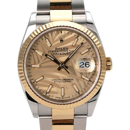 Rolex Datejust 36 Oystersteel Gelbgold 126233 Golden Palmenmuster mit goldenem Zifferblatt und Oyster Armband.