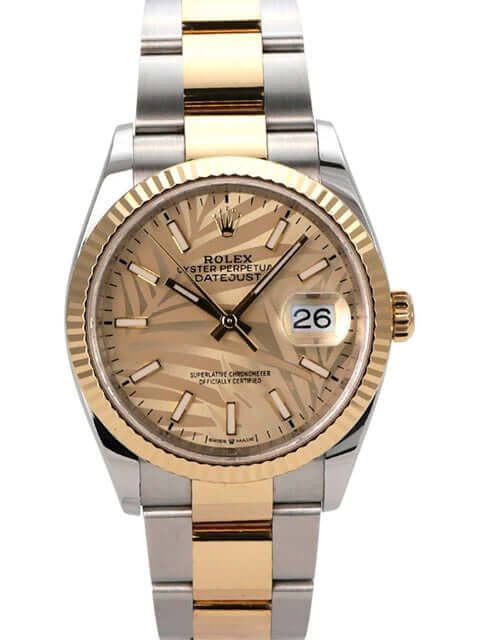 Rolex Datejust 36 Oystersteel Gelbgold 126233 Golden Palmenmuster mit goldenem Zifferblatt und Oyster Armband.