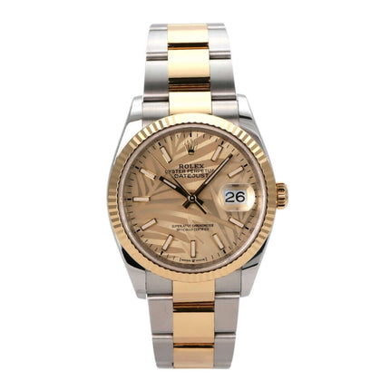 Rolex Datejust 36 Oystersteel Gelbgold 126233 Golden Palmenmuster Uhr mit goldenem Zifferblatt und Edelstahl-Gehäuse.
