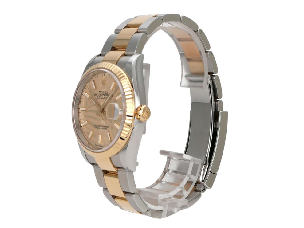 Rolex Datejust 36 Oystersteel Gelbgold 126233 Golden Palmenmuster seitliche Ansicht der Uhr mit goldenem Zifferblatt.