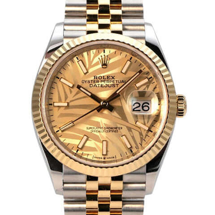 Rolex Datejust 36 Oystersteel Gelbgold 126233 Golden Palmenmuster Jubile-Band Uhr mit goldenem Zifferblatt und Jubile-Armband.