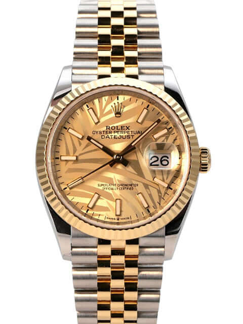 Rolex Datejust 36 Oystersteel Gelbgold 126233 Golden Palmenmuster Jubile-Band Uhr mit goldenem Zifferblatt und Jubile-Armband.
