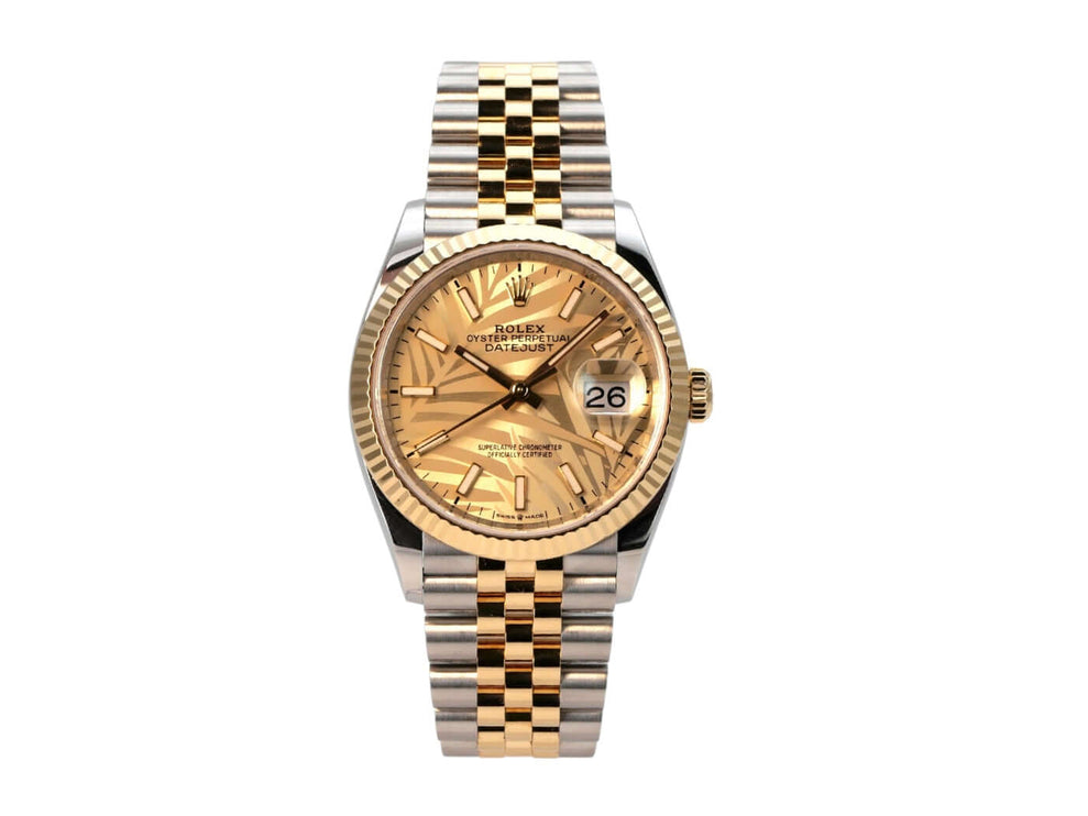 Rolex Datejust 36 Oystersteel Gelbgold 126233 Golden Palmenmuster Jubile-Band mit goldenem Zifferblatt und Jubilé-Armband.