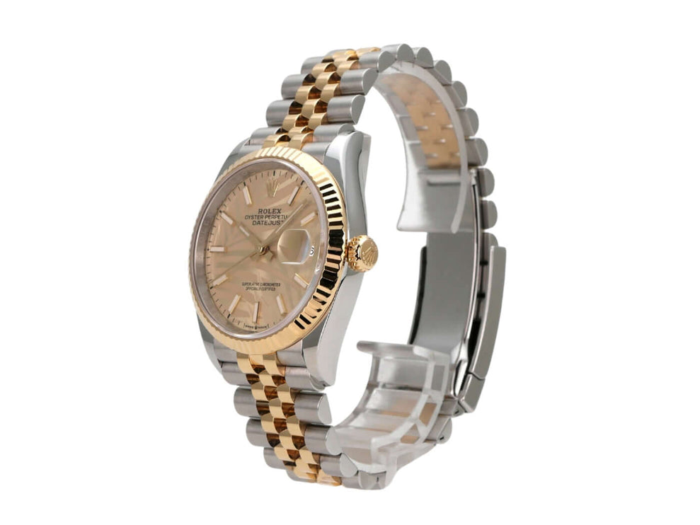 Rolex Datejust 36 Oystersteel Gelbgold 126233 Golden Palmenmuster Jubile-Band seitliche Ansicht der Uhr.