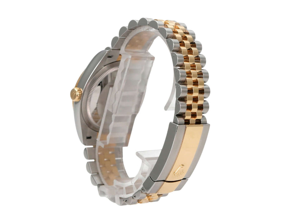 Rolex Datejust 36 Oystersteel Gelbgold 126233 Golden Palmenmuster Jubile-Band Uhr seitliche Ansicht mit Jubile-Armband.