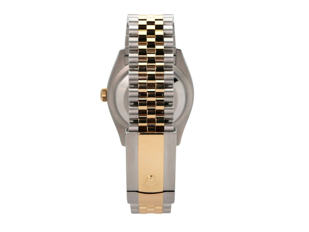 Rolex Datejust 36 Oystersteel Gelbgold 126233 Golden Palmenmuster Jubile-Band Rückansicht des Jubilé-Armbands.