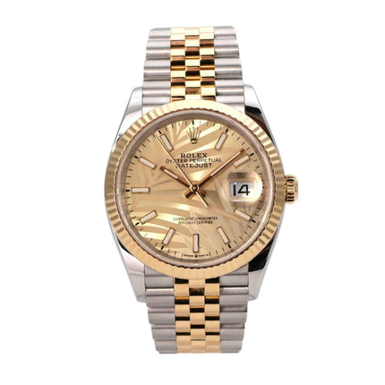 Rolex Datejust 36 Oystersteel Gelbgold 126233 Golden Palmenmuster Jubile-Band mit goldenem Zifferblatt und Jubile-Armband.