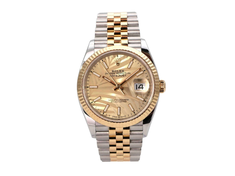 Rolex Datejust 36 Oystersteel Gelbgold 126233 Golden Palmenmuster Jubile-Band mit goldenem Zifferblatt und Jubile-Armband.