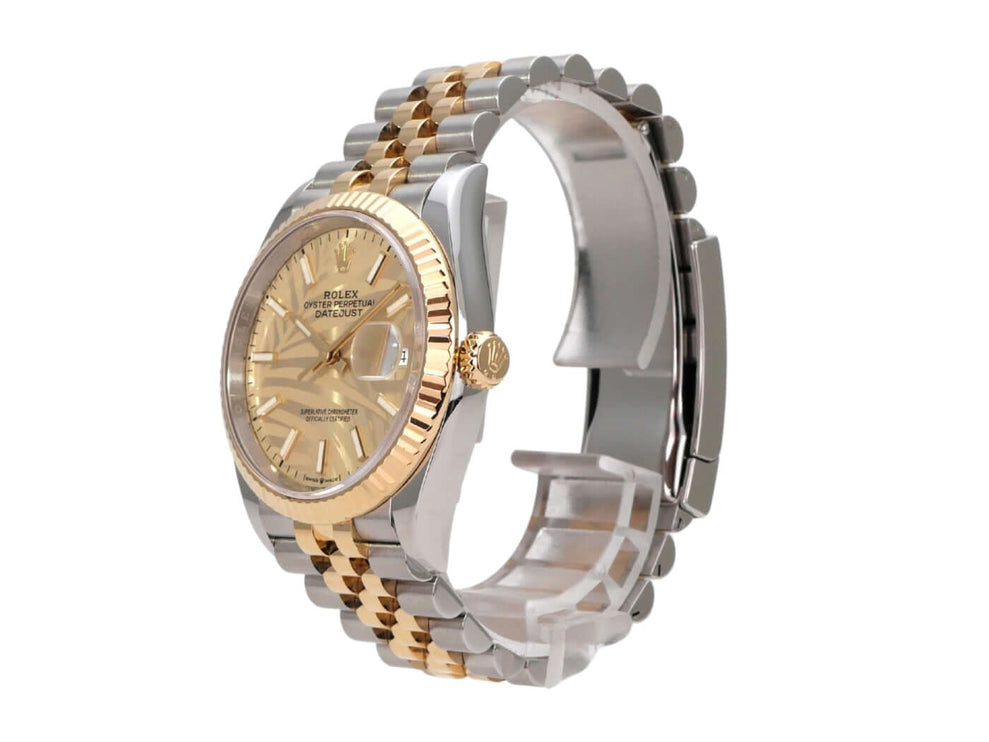 Rolex Datejust 36 Oystersteel Gelbgold 126233 Golden Palmenmuster Jubile-Band seitliche Ansicht der Uhr