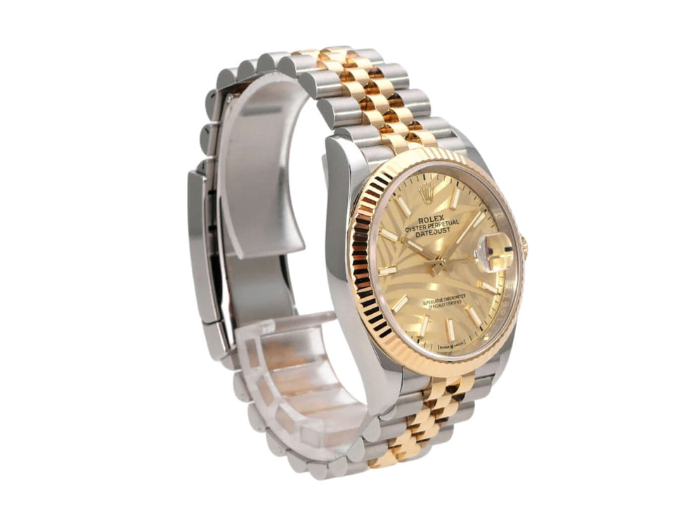 Rolex Datejust 36 Oystersteel Gelbgold 126233 Golden Palmenmuster Jubile-Band mit goldenem Zifferblatt und Jubile-Armband.