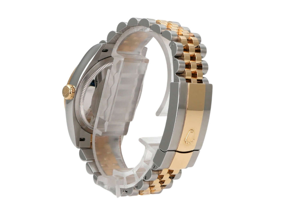 Rolex Datejust 36 Oystersteel Gelbgold 126233 Golden Palmenmuster Jubile-Band Ansicht von der Seite durchsichtige Schließe