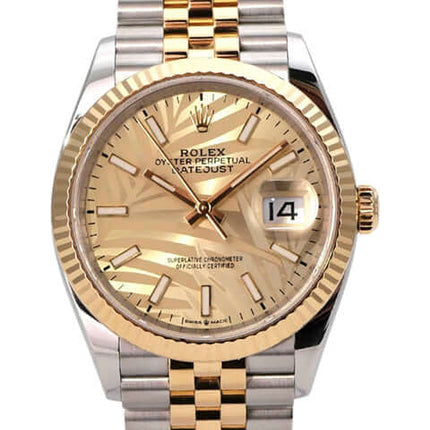 Rolex Datejust 36 Oystersteel Gelbgold 126233 Golden Palmenmuster Jubile-Band mit goldenem Zifferblatt.