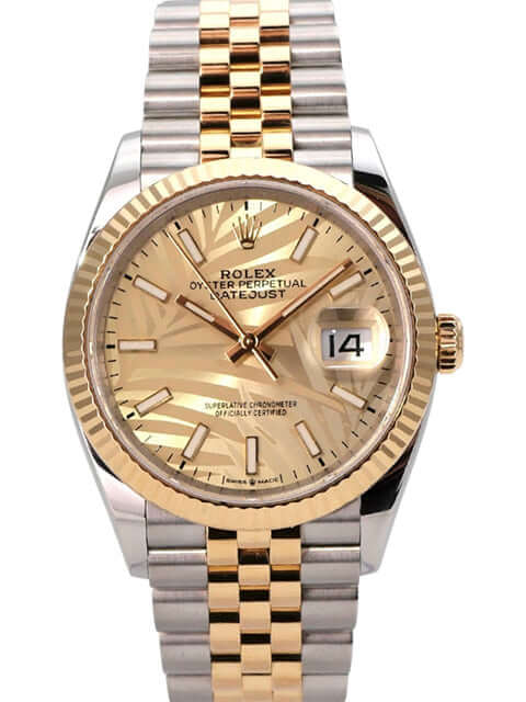 Rolex Datejust 36 Oystersteel Gelbgold 126233 Golden Palmenmuster Jubile-Band mit goldenem Zifferblatt.