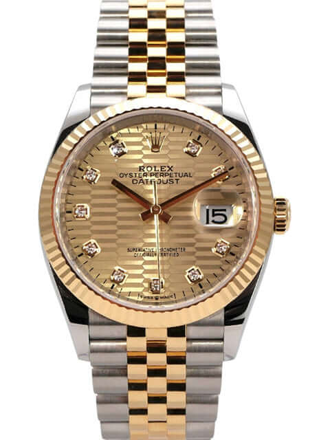 Rolex Datejust 36 126233 mit goldenem Zifferblatt, Diamanten und Jubile-Armband aus Edelstahl und Gelbgold.
