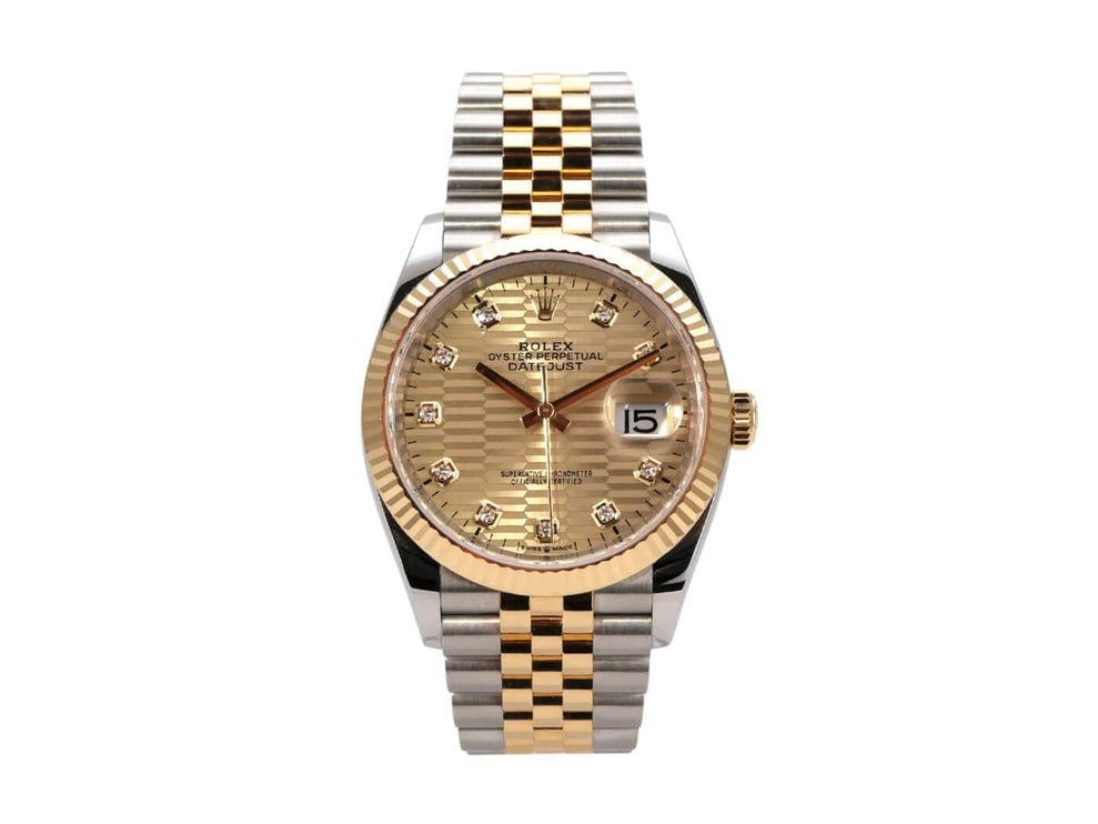 Rolex Datejust 36 Ref. 126233 mit goldenem Riffelmuster und Jubilé-Armband aus Edelstahl und Gelbgold.
