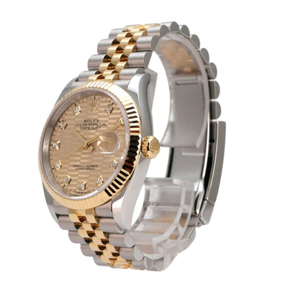 Rolex Datejust 36 Uhr Ref. 126233 mit goldenem Zifferblatt und Jubilé Armband aus Edelstahl und 18 kt Gelbgold.