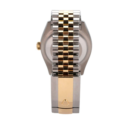 Rolex Datejust 36 Edelstahl Gelbgold Jubilé-Armband mit goldfarbener Schließe und geriffeltem Design.