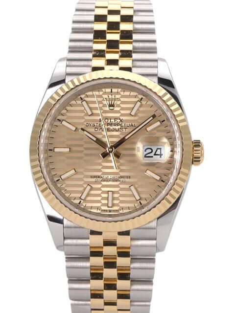 Rolex Datejust 36 Oystersteel Gelbgold 126233 Golden Riffel Jubile-Band: luxuriöse Armbanduhr mit Goldzifferblatt