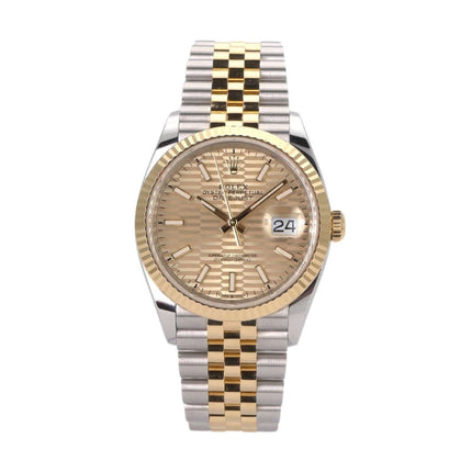 Rolex Datejust 36 Oystersteel Gelbgold 126233 Golden Riffel Jubile-Band, goldfarbenes Zifferblatt