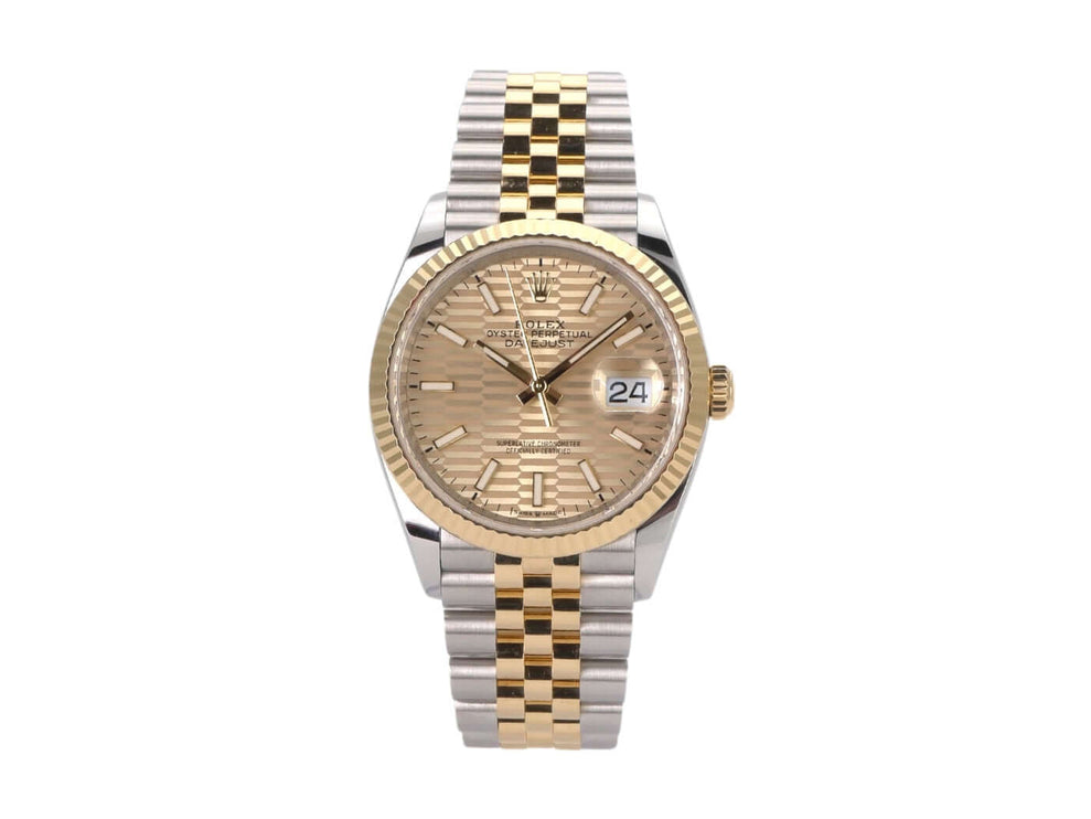 Rolex Datejust 36 Oystersteel Gelbgold 126233 Golden Riffel Jubile-Band, goldfarbenes Zifferblatt