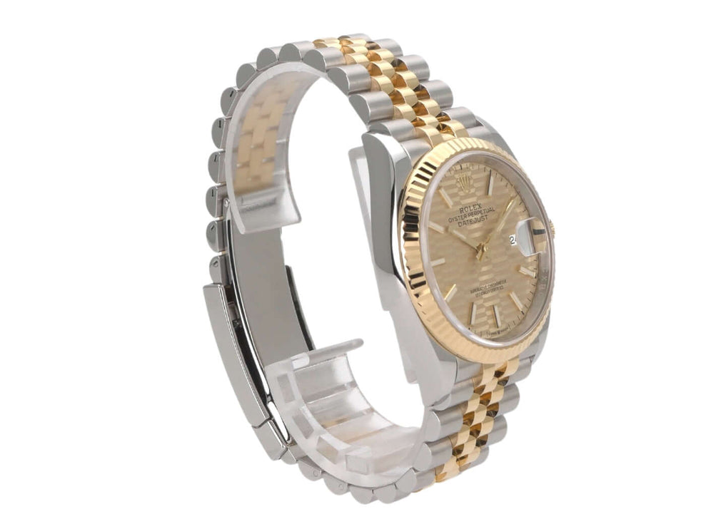Rolex Datejust 36 Oystersteel Gelbgold 126233 Golden Riffel Jubile-Band mit goldfarbenem Zifferblatt
