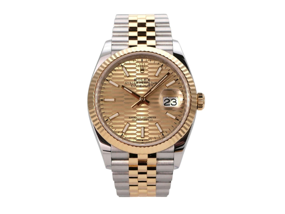 Rolex Datejust 36 Oystersteel Gelbgold 126233 Golden Riffel Jubile-Band mit goldenem Zifferblatt und Jubilé-Armband.