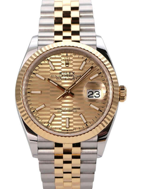Rolex Datejust 36 Oystersteel Gelbgold 126233 Golden Riffel Jubile-Band mit goldenem Riffelmuster Zifferblatt.