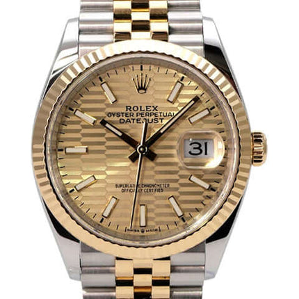 Rolex Datejust 36 126233 Golden Riffel Jubile-Band mit goldfarbenem Zifferblatt und Jubilé Armband.