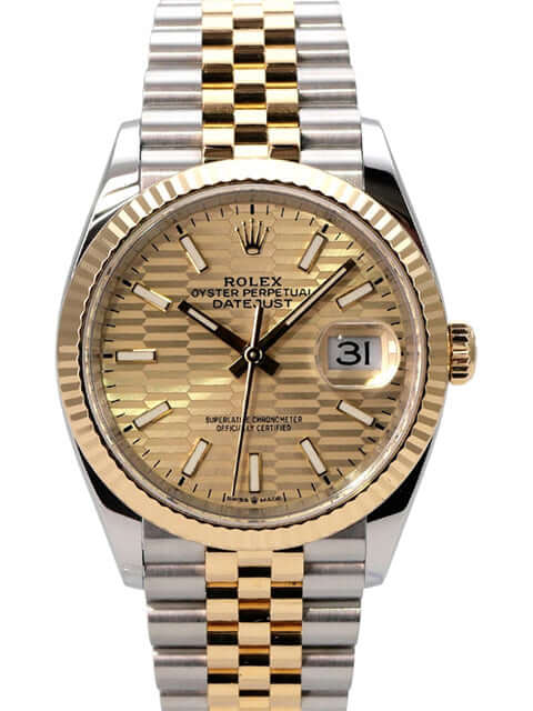 Rolex Datejust 36 126233 Golden Riffel Jubile-Band mit goldfarbenem Zifferblatt und Jubilé Armband.
