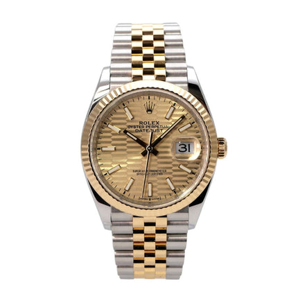Rolex Datejust 36 126233 Golden Riffel Jubile-Band mit goldenem Zifferblatt und Jubilee-Armband.