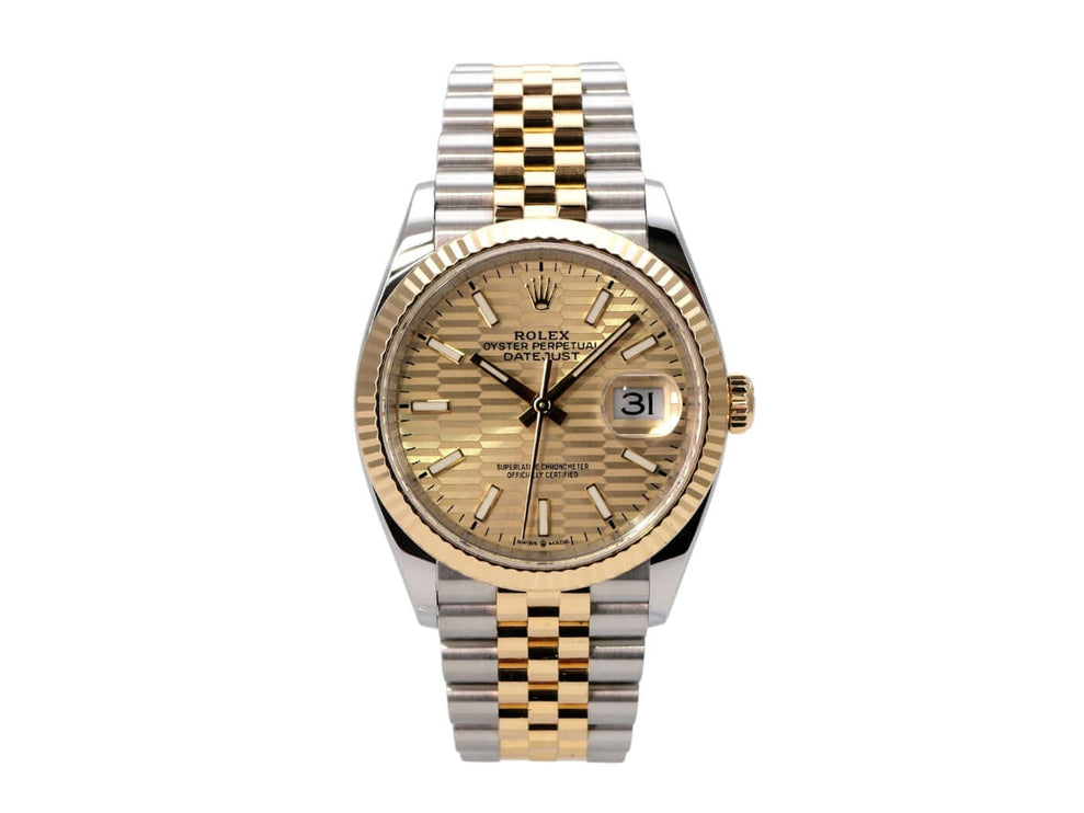 Rolex Datejust 36 126233 Golden Riffel Jubile-Band mit goldenem Zifferblatt und Jubilee-Armband.